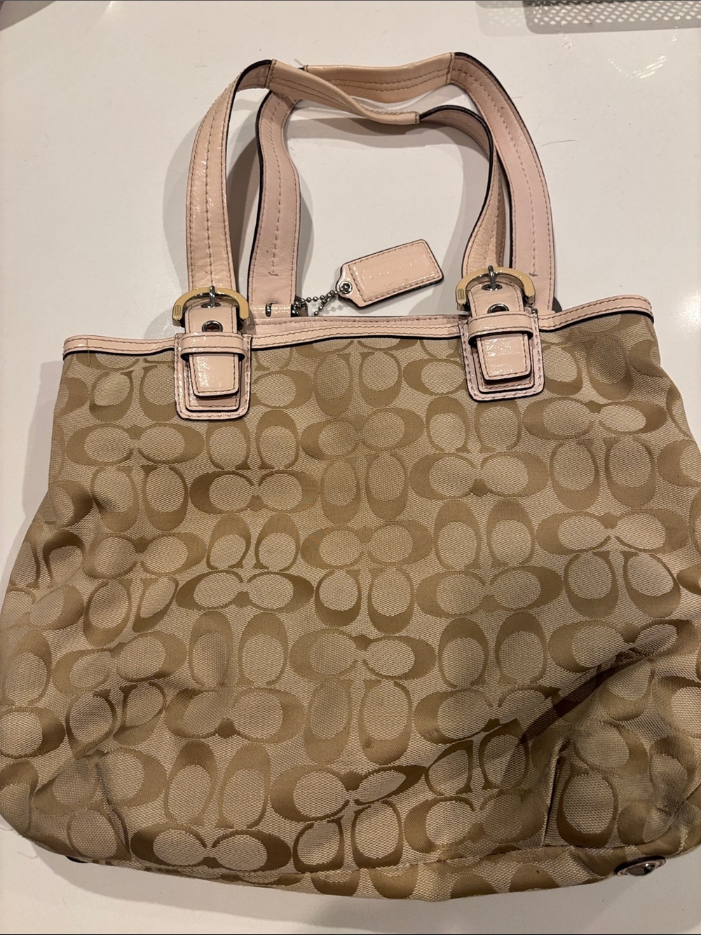 Coach Beige Signature Canvas Tote with Pale Pink Leather Trim